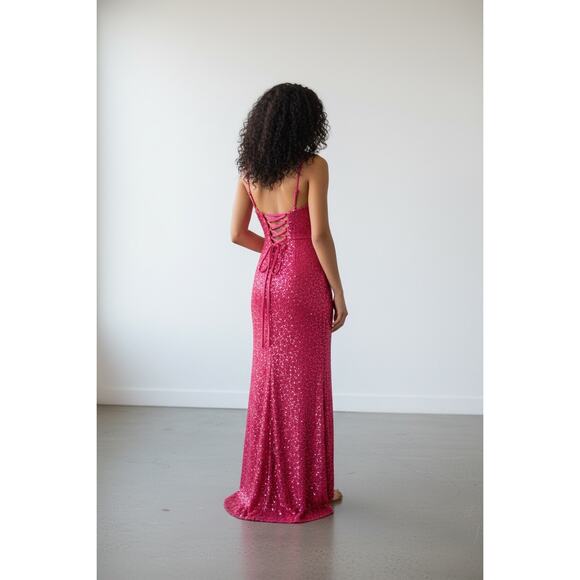 Hot Pink Sequin Formal Gown Size 12 Lace Up Back Maxi Dress Prom Evening Wedding - Picture 6 of 16